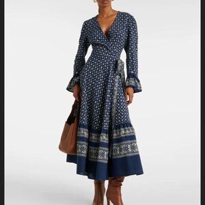 NWT Polo Ralph Lauren Floral-Print Wrap Midi in Blue Ivory Block Print Dress 0